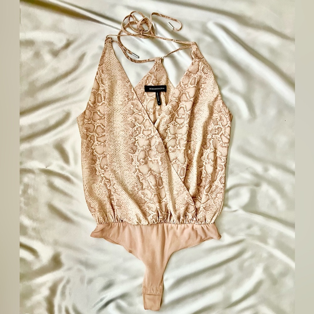 BCBGMaxAzria Snakeskin Print Blush Faux Wrap Sleeveless Bodysuit Top